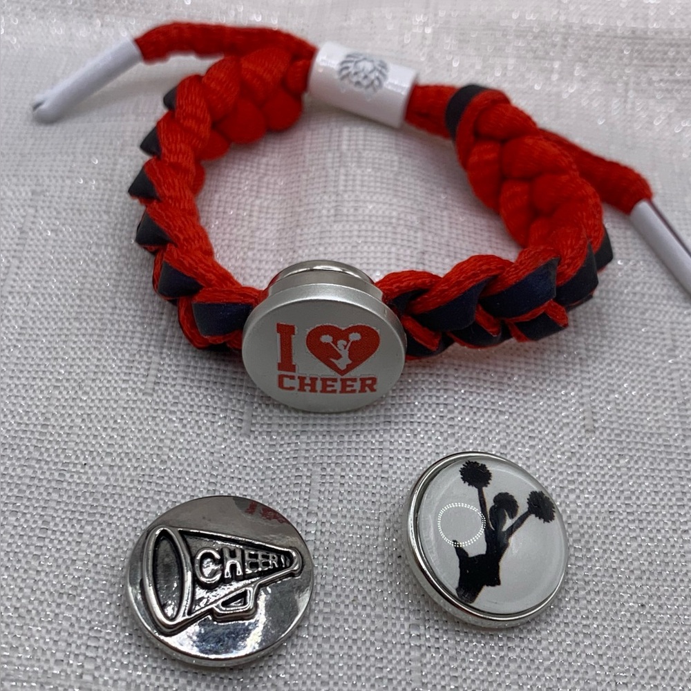 Red & Black/Gray Adjustable Bracelet with 3 Cheerleading Snap Button Charms
